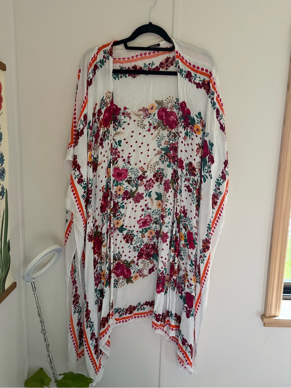 Rue21 White Floral Kimono with Pink, Green & Orange Accents